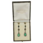 Art Deco Colombian Emerald, Diamond, and Enamel Drop Earrings