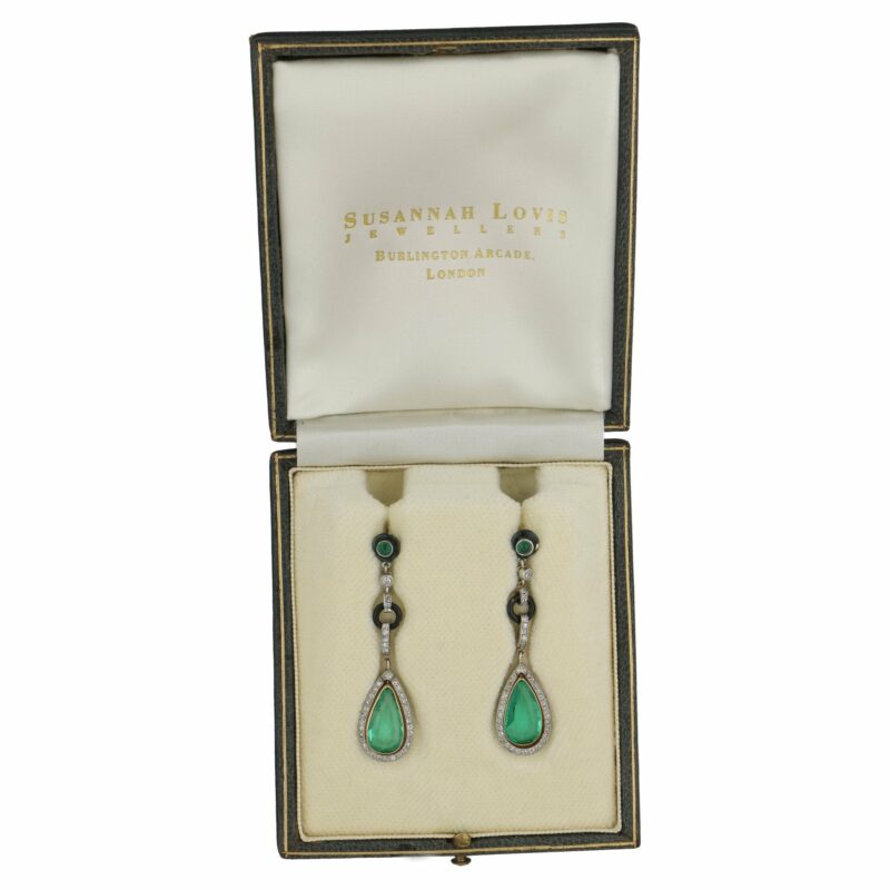 Art Deco Colombian Emerald, Diamond, and Enamel Drop Earrings