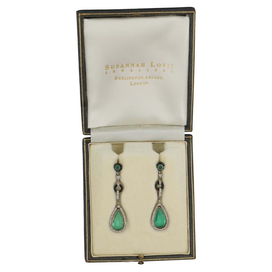 Art Deco Colombian Emerald, Diamond, and Enamel Drop Earrings