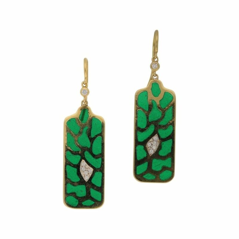 Green enamel diamond gold drop earrings