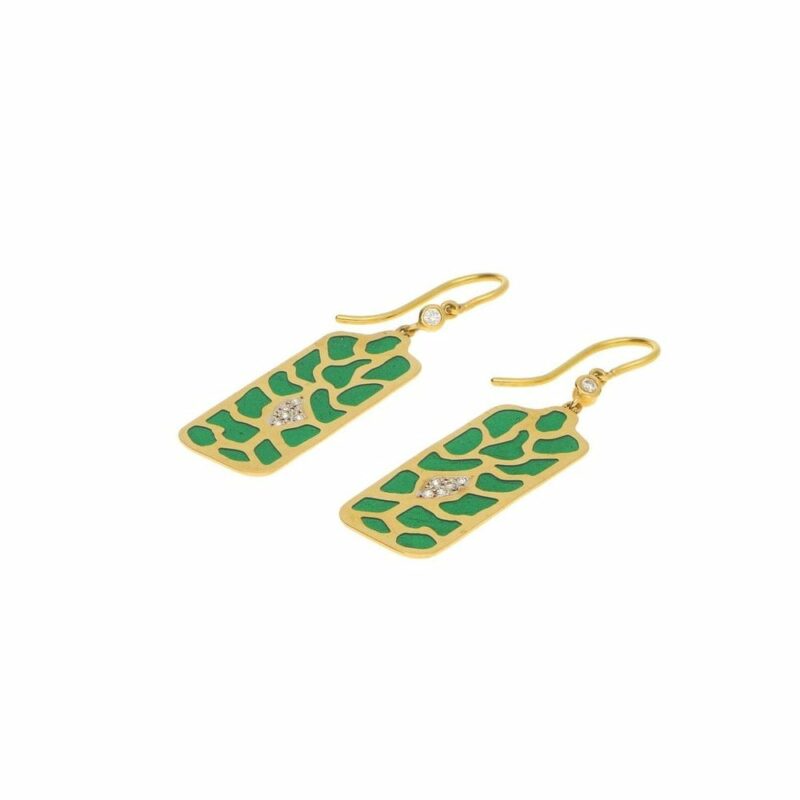 Green enamel diamond gold drop earrings