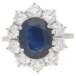 Sapphire and diamond cluster ring in white gold