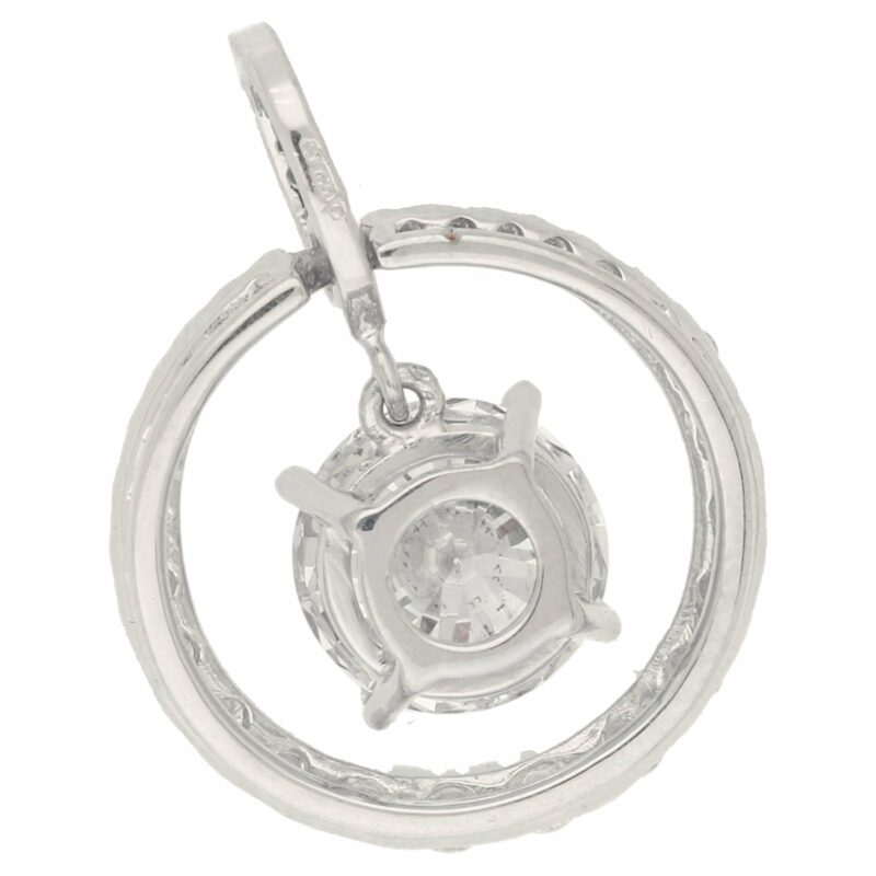 Circular diamond pendant with diamond drop in white gold