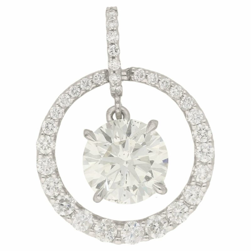 Circular diamond pendant with diamond drop in white gold