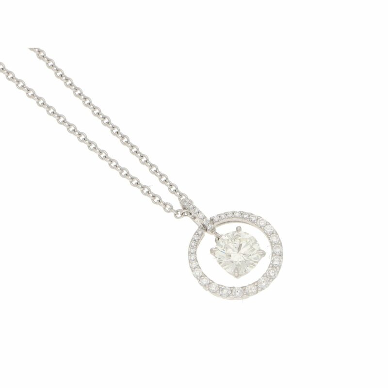 Circular diamond pendant with diamond drop in white gold