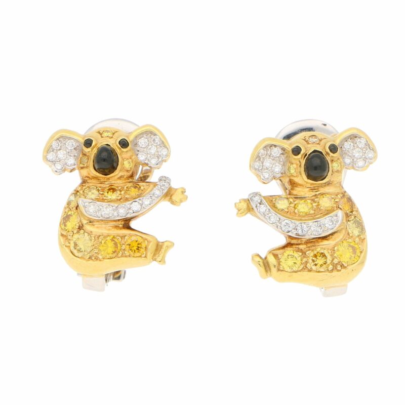 Vintage Koala Bear Diamond, Yellow Diamond, Onyx Clip Earrings