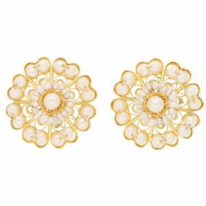 Seed Pearl Cluster Stud Floral Earrings in Yellow Gold Filigree