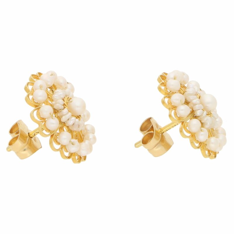 Seed Pearl Cluster Stud Floral Earrings in Yellow Gold Filigree