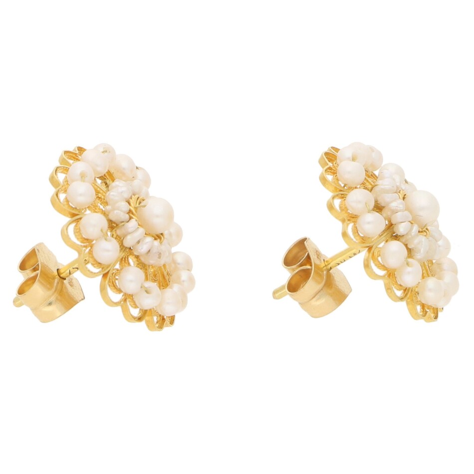 Seed Pearl Cluster Stud Floral Earrings in Yellow Gold Filigree