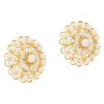 Seed Pearl Cluster Stud Floral Earrings in Yellow Gold Filigree