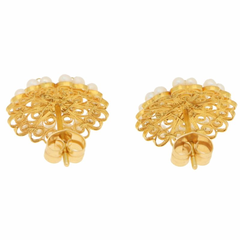 Seed Pearl Cluster Stud Floral Earrings in Yellow Gold Filigree