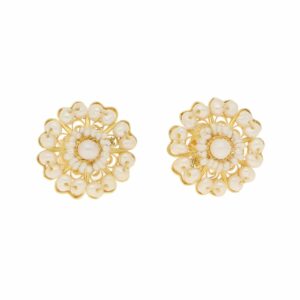 Seed Pearl Cluster Stud Floral Earrings in Yellow Gold Filigree