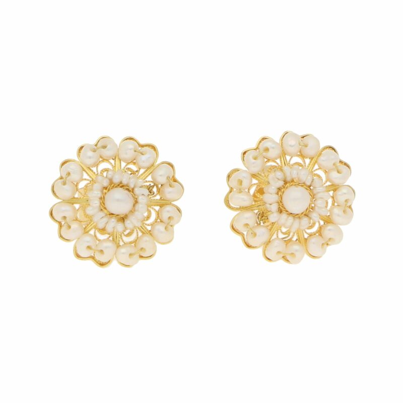 Seed Pearl Cluster Stud Floral Earrings in Yellow Gold Filigree