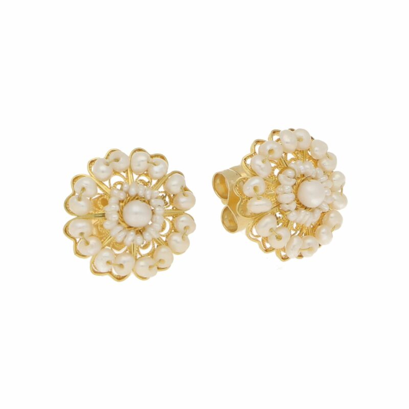 Seed Pearl Cluster Stud Floral Earrings in Yellow Gold Filigree