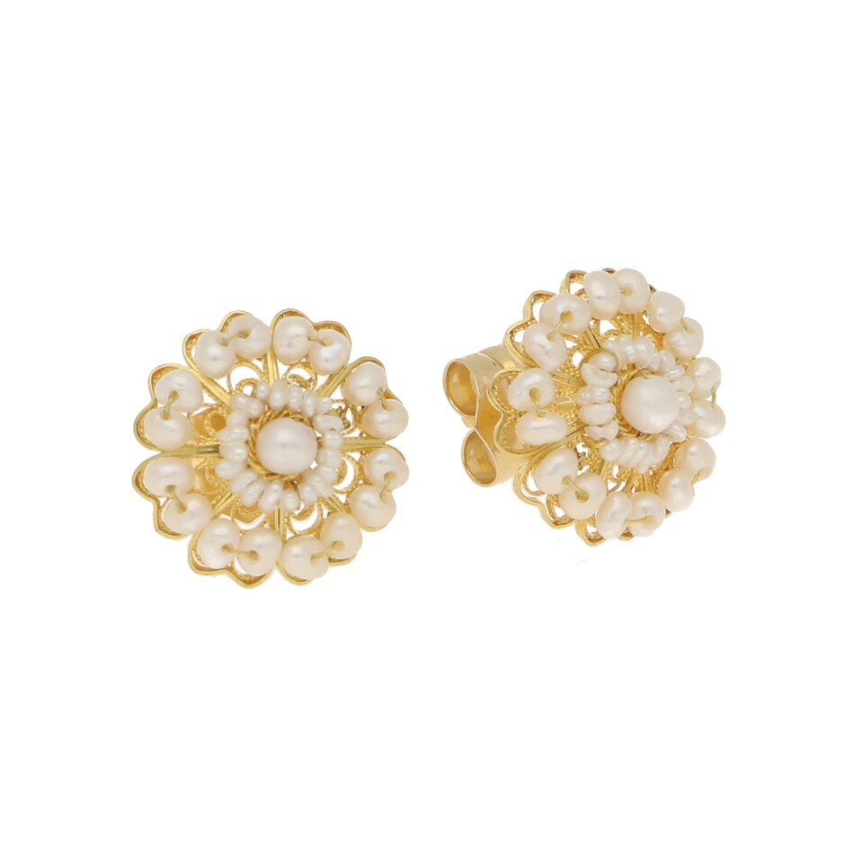 Seed Pearl Cluster Stud Floral Earrings in Yellow Gold Filigree