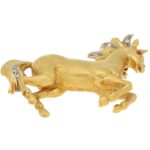 Diamond and Ruby Thoroughbred Horse Brooch Yellow and White Gold