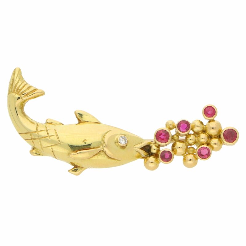 1990s Mecan Elde Ruby Diamond Trout Brooch Yellow Gold, French