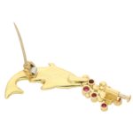 1990s Mecan Elde Ruby Diamond Trout Brooch Yellow Gold, French