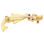 1990s Mecan Elde Ruby Diamond Trout Brooch Yellow Gold, French