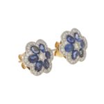 Sapphire and Diamond Floral Stud Earrings Yellow and White Gold