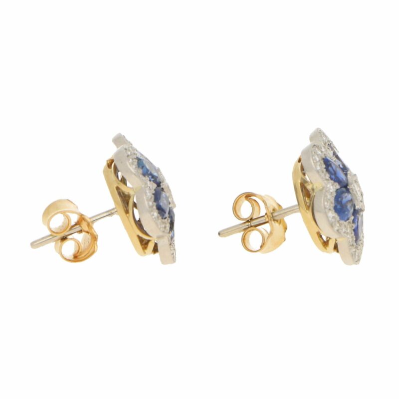 Sapphire and Diamond Floral Stud Earrings Yellow and White Gold