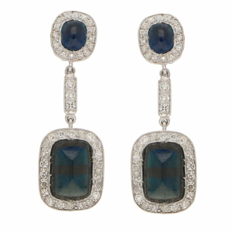 Sugarloaf Sapphire and Diamond Cluster Drop Earrings White Gold