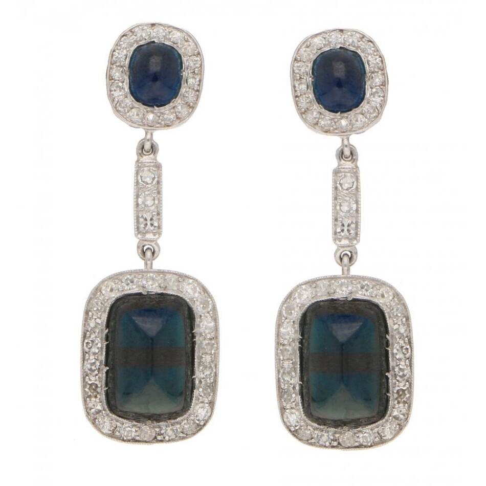 Sugarloaf Sapphire and Diamond Cluster Drop Earrings White Gold