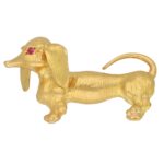 Vintage Dachshund With Ruby Eyes Brooch in Yellow Gold, 1980s