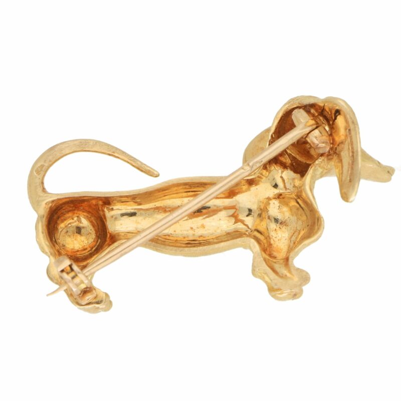 Vintage Dachshund With Ruby Eyes Brooch in Yellow Gold, 1980s