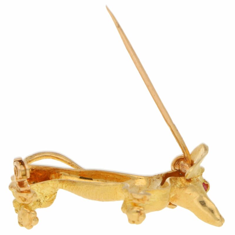 Vintage Dachshund With Ruby Eyes Brooch in Yellow Gold, 1980s