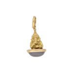 Vintage Gnome Sitting on Agate Pendant in Yellow Gold