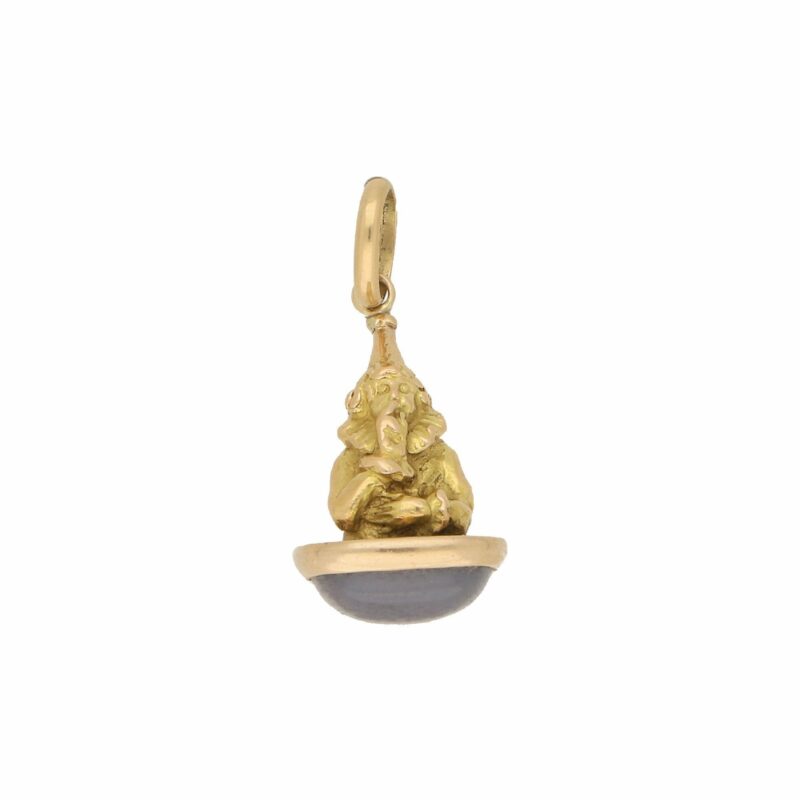 Vintage Gnome Sitting on Agate Pendant in Yellow Gold