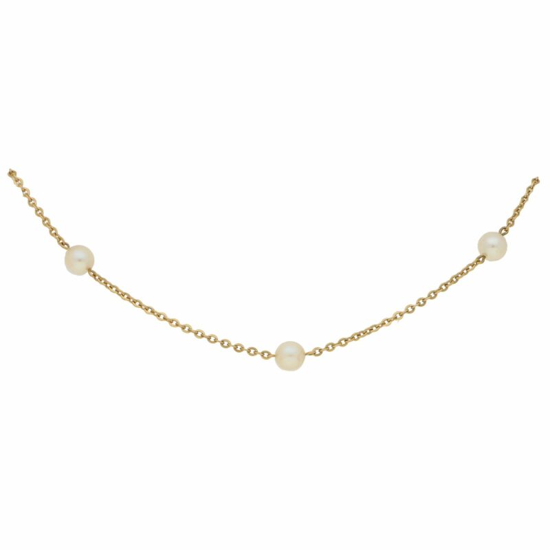 Vintage Cultured Pearl Station Necklace in Yellow Gold