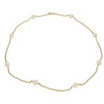 Vintage Cultured Pearl Station Necklace in Yellow Gold