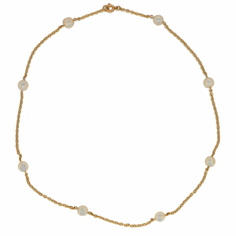 Vintage Cultured Pearl Station Necklace in Yellow Gold