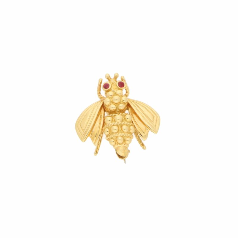 1960s Queen Bee With Ruby Eyes Brooch in Yellow Gold