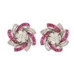 Diamond and Ruby Swirl Clip Earrings in White Gold