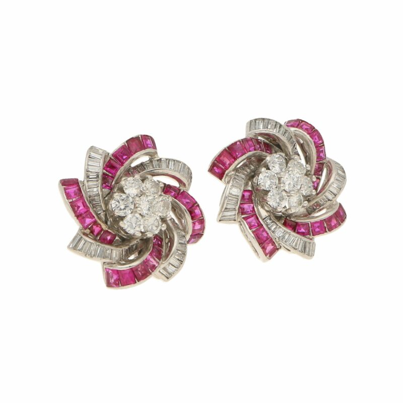 Diamond and Ruby Swirl Clip Earrings in White Gold