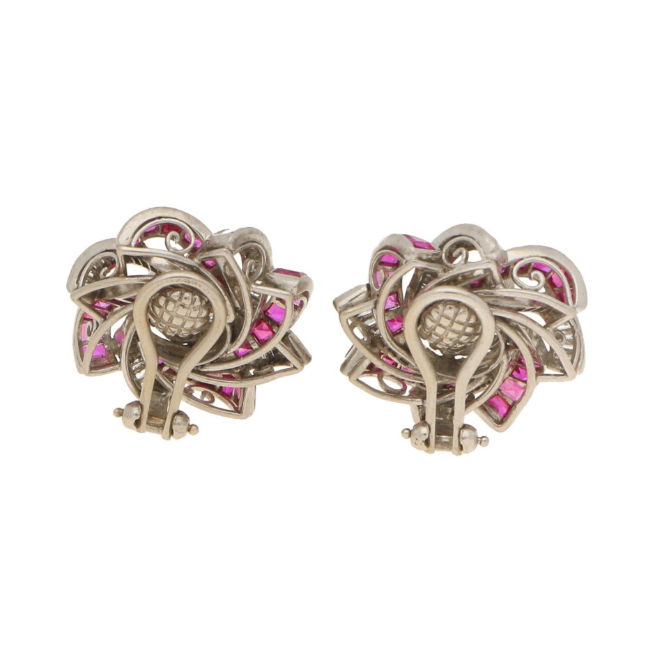 Diamond and Ruby Swirl Clip Earrings in White Gold