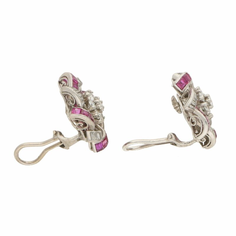 Diamond and Ruby Swirl Clip Earrings in White Gold