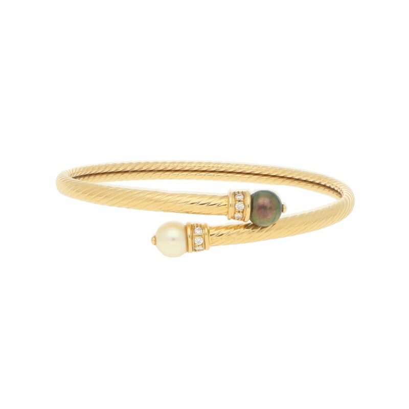 Cultured Pearl and Diamond Bangle in Yellow Gold