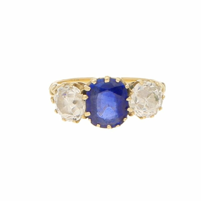 Victorian Cornflower Blue Sapphire and Diamond Three Stone Ring