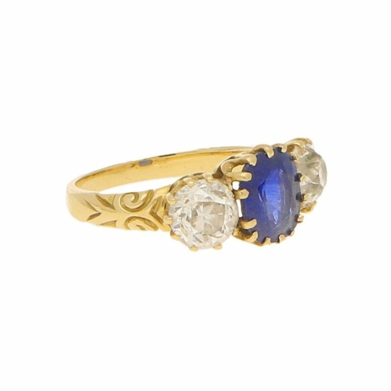 Victorian Cornflower Blue Sapphire and Diamond Three Stone Ring