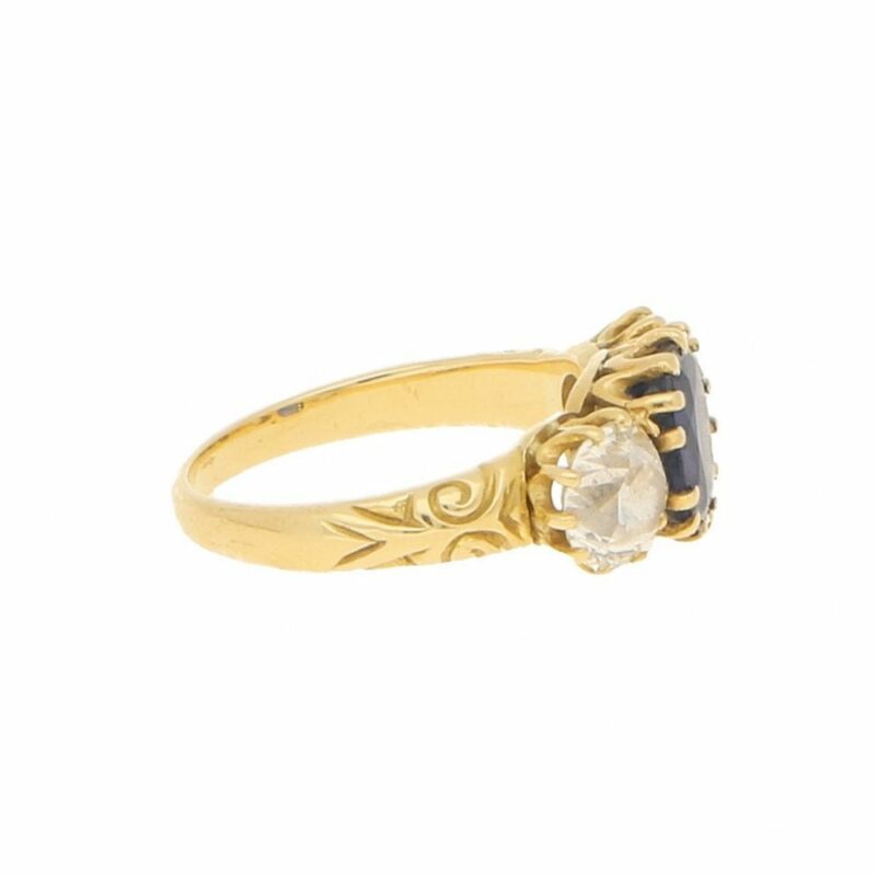 Victorian Cornflower Blue Sapphire and Diamond Three Stone Ring