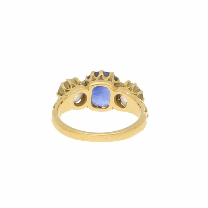 Victorian Cornflower Blue Sapphire and Diamond Three Stone Ring