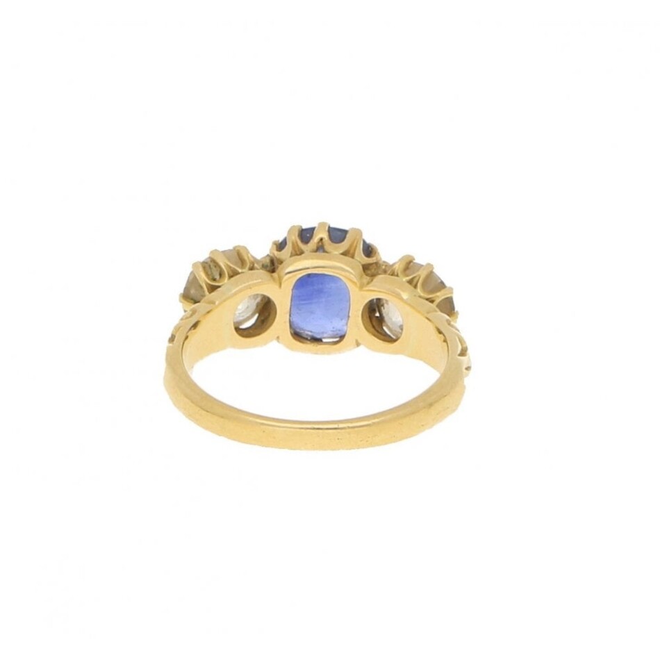 Victorian Cornflower Blue Sapphire and Diamond Three Stone Ring