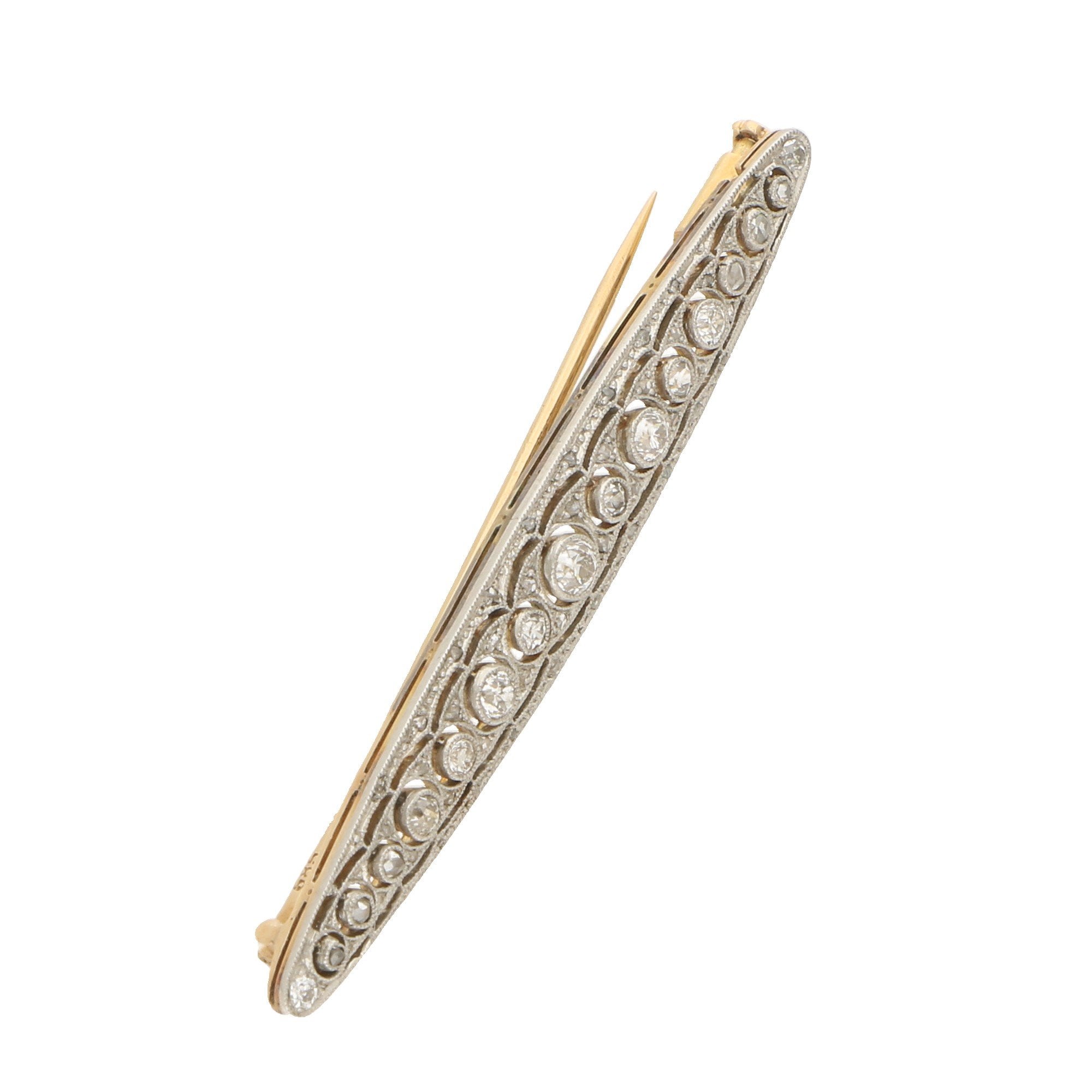 1stDibs Bar Brooch with Old Cut Diamonds and Natural Half Pearls