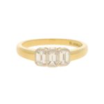 1990s Emerald-Cut Diamond Three Stone Ring in Yellow White Gold