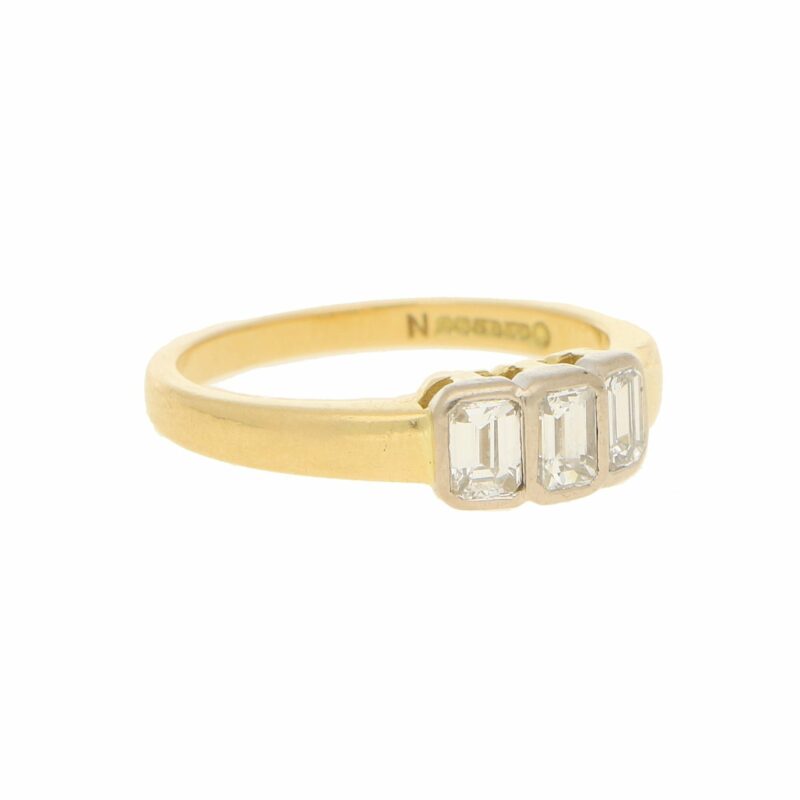 1990s Emerald-Cut Diamond Three Stone Ring in Yellow White Gold