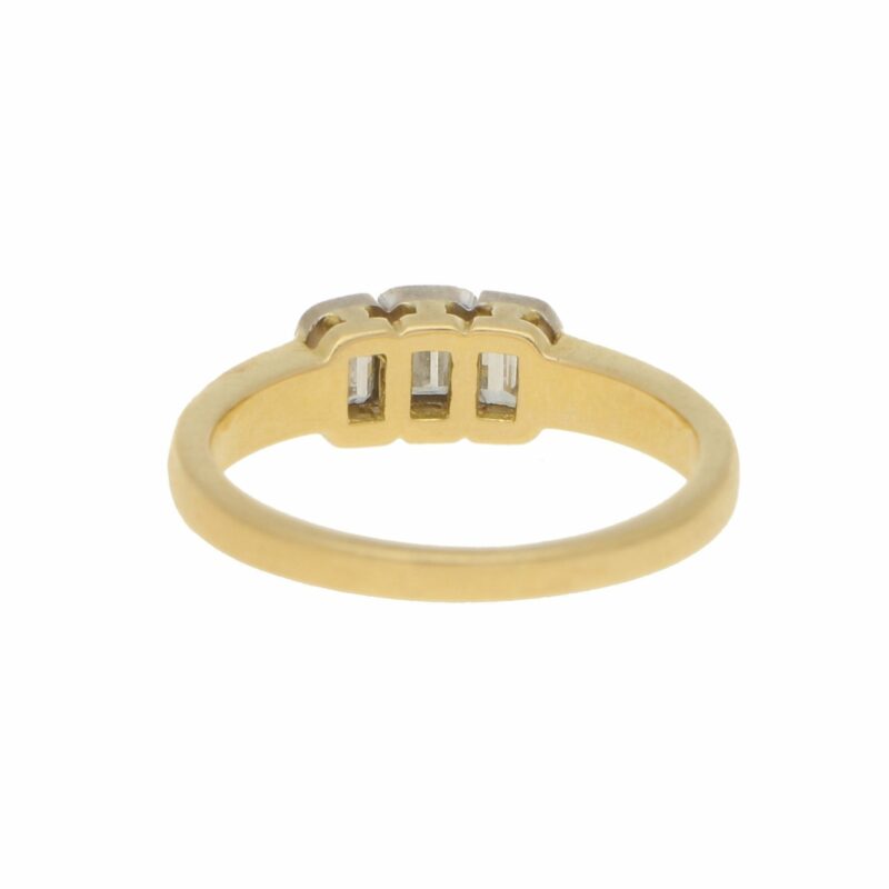 1990s Emerald-Cut Diamond Three Stone Ring in Yellow White Gold